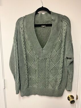 aerie Sage Green Cable Knit V-Neck Sweater